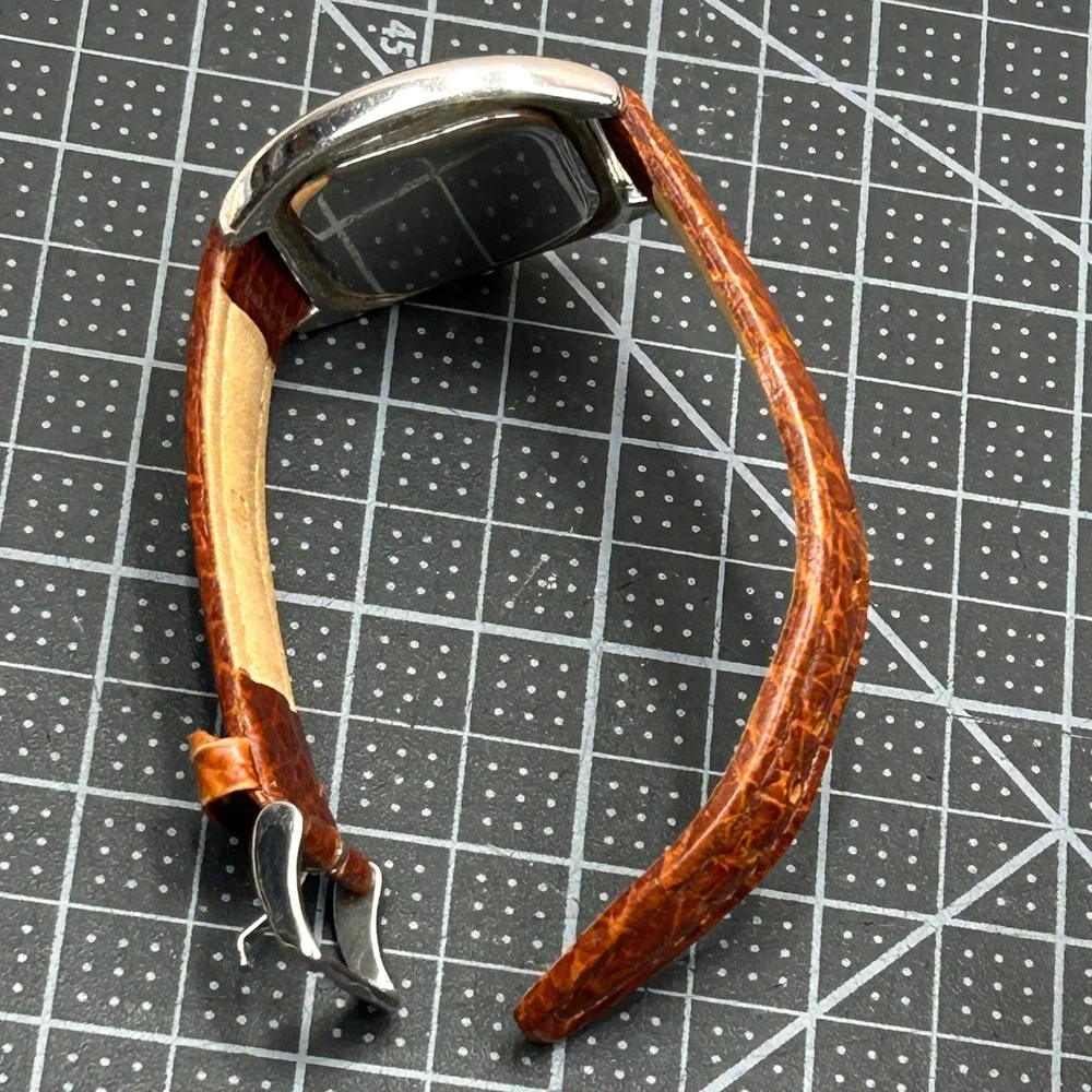 Perlina Quartz Watch Silver Tonneau Case‎ Brown Leather Strap Japan Movt